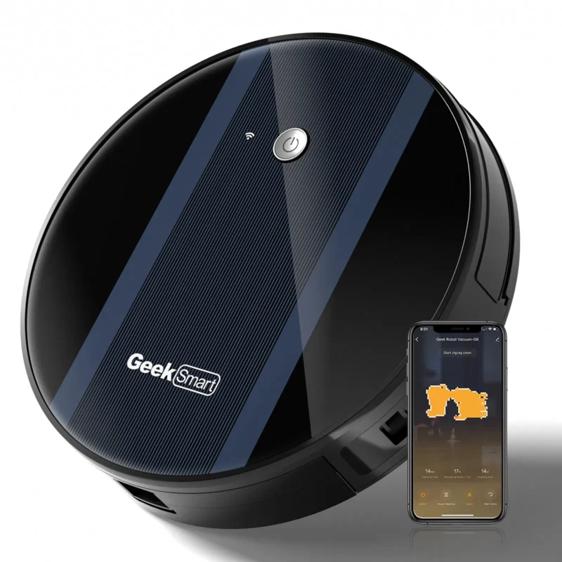 Geek Smart Robot Vacuum Cleaner G6, Ultra-Thin, 1800Pa Strong Suction, Automatic Self-Charging, Wi-Fi Connectivity, App Control, Custom Cleaning, 100mins Run Time